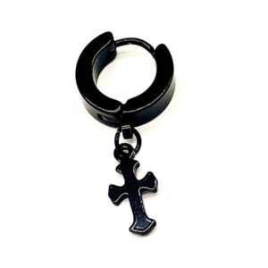 BLACK STEEL HANGING CROSS EARRING