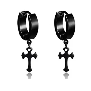 HUGGIE EARRING - BLACK - CROSS CHARM