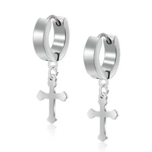 HUGGIE EARRING - STEEL - CROSS CHARM