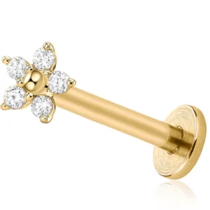 1.2 X 8 X 4 LABRET - TITANIUM - GOLD (PVD) - CZ CRYSTAL FLOWER TOP (INTERNAL THREADED)